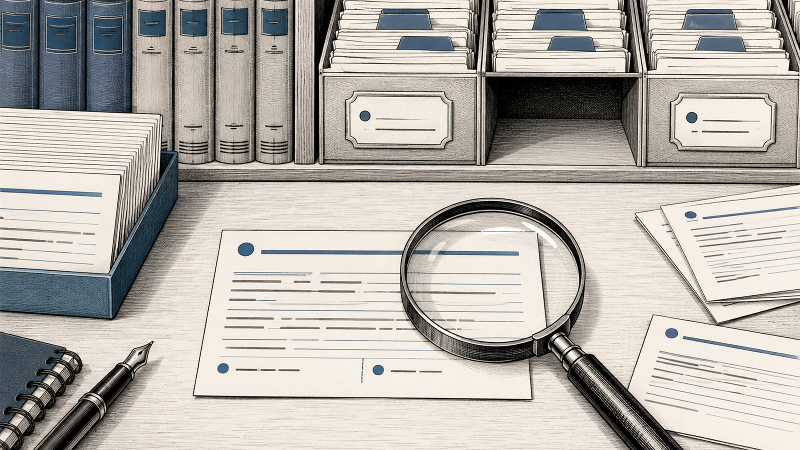 Ficha bibliográfica aparentemente completa sobre uma mesa de pesquisa, ao lado de uma estante onde a referência correspondente não existe.